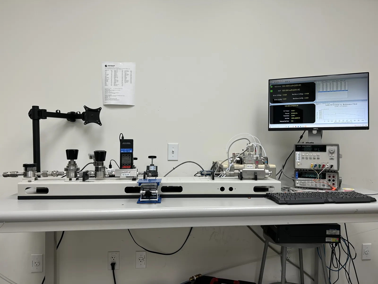 Fluke molbloc laminar flow elements and a mass flow controller under test on the American Gage gas flow calibration bench